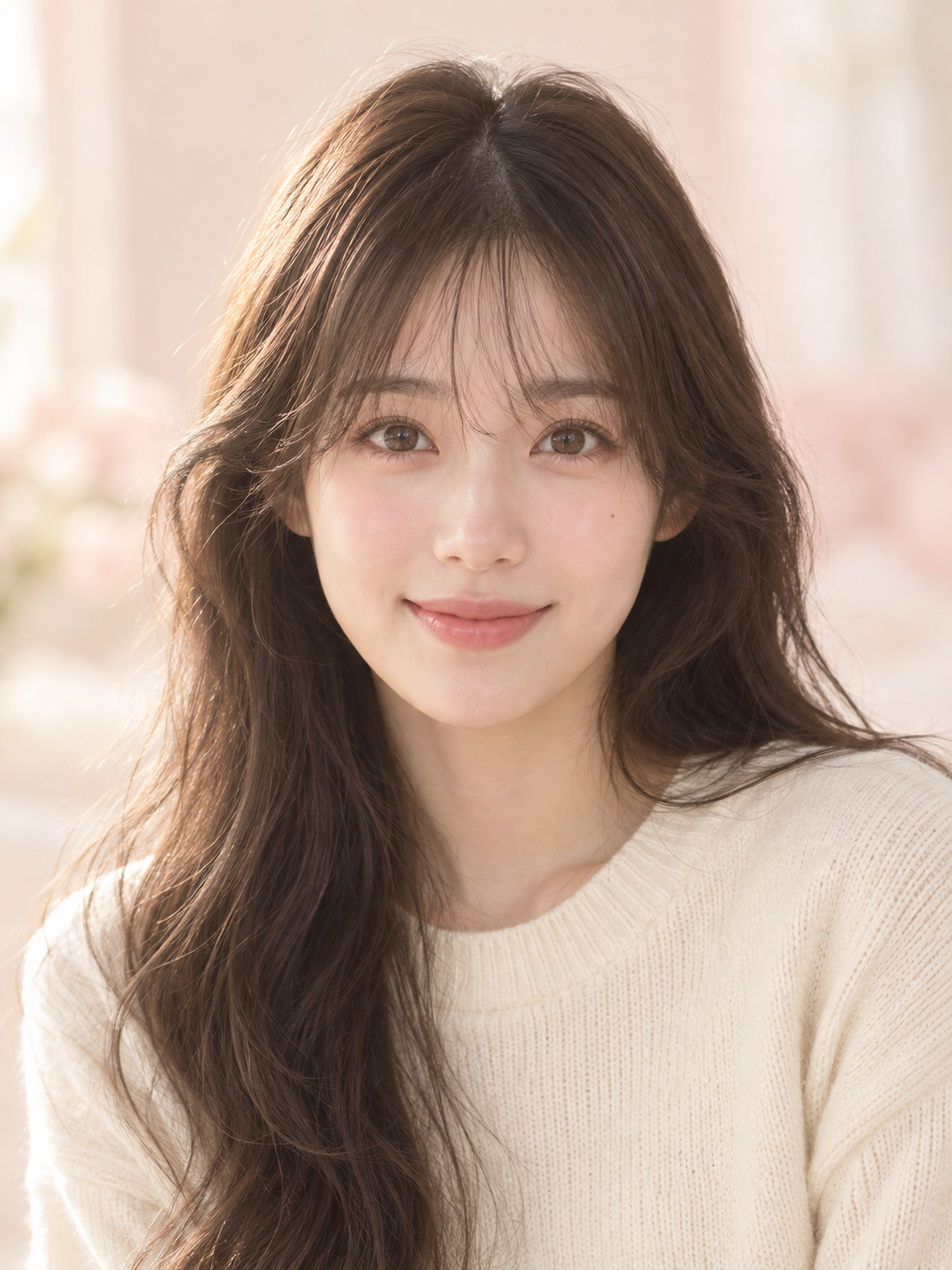 AI 生成的成年女性人像，清新自然妆容与柔和暖光，作为镜面取景场景示意